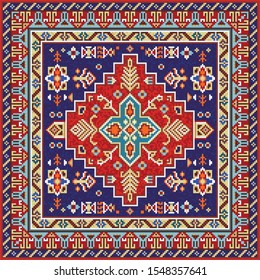 Colorful oriental mosaic square rug with a traditional geometric ornaments. Patterned carpet with a border frame. Cross stitch template for pillows. 179 x 179 cells. Vector 10 EPS illustration.