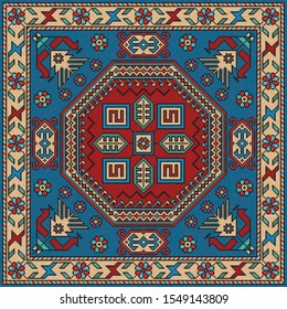 Colorful oriental mosaic square rug with a traditional floral motifs and  geometric ornaments. Patterned carpet with a border frame. Cross stitch template for pillows. 253 x 253 cells. Vector 10 EPS.