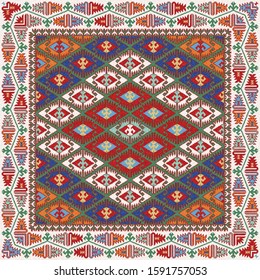 Colorful oriental mosaic square rug with a traditional geometric ornaments. Patterned carpet with a border frame. Cross stitch template for pillows. Vector 10 EPS illustration.