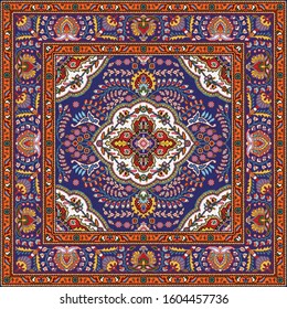 Colorful oriental mosaic square rug with floral motifs, central medallion and traditional geometric ornament. Patterned carpet with a border frame. Cross stitch template for pillows. Vector 10 EPS.