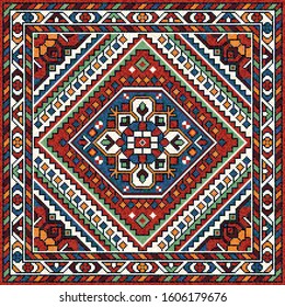 Colorful oriental mosaic square rug with a traditional geometric ornaments anf floral motifs.  Patterned carpet with a border frame. Cross stitch template for pillows. 219 x 219 cells. Vector 10 EPS.