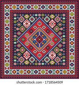 Colorful oriental mosaic square rug with a traditional geometric ornaments. Patterned carpet with a border frame. Cross stitch template for pillows. 285 x 285 cells. Vector 10 EPS illustration.