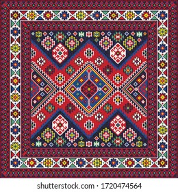 Colorful oriental mosaic square rug with a traditional geometric ornaments. Patterned carpet with a border frame. Cross stitch template for pillows. 283 x 283 cells. Vector 10 EPS illustration.