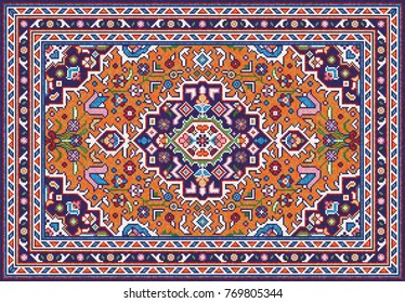 Tapete colorido de mosaico oriental Tabriz com ornamento geométrico popular tradicional. Tapete estampado com uma moldura de borda. Ilustração Vector 10 EPS.