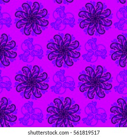 Colorful oriental paisley pattern with mandalas. Boho decorative ornament. Hippie style seamless pattern, folk paisley background. Symbol of life and eternity.