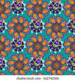 Colorful oriental paisley pattern with mandalas. Indian boho decorative ornament. Hippie style seamless pattern, folk EPS10 vector background
