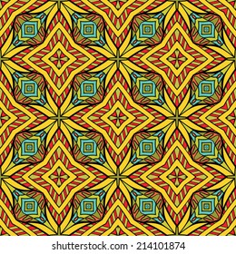 Colorful oriental seamless ethnic pattern. Abstract stars and geometric elements on tribal ornament. Bright hot colors. Endless background. Vector is EPS8, elements are grouped by colors.