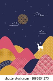 Colorful oriental traditional background with mountains, deer, moon or sun. There are traditional patterns in the mountains and sky.