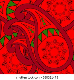 Colorful oriental vector texture with boho decorative ornament. Hippie style pattern, folk Paisley background. Zoroastrian symbol of life and eternity.
