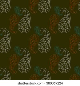 Colorful oriental vector texture with boho decorative ornament. Hippie style seamless pattern, folk Paisley background. Zoroastrian symbol of life and eternity.