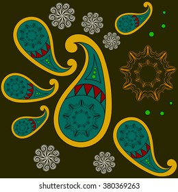 Colorful oriental vector texture with boho decorative ornament. Hippie style pattern, folk Paisley background. Zoroastrian symbol of life and eternity.