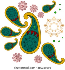 Colorful oriental vector texture with boho decorative ornament. Hippie style pattern, folk Paisley background. Zoroastrian symbol of life and eternity.