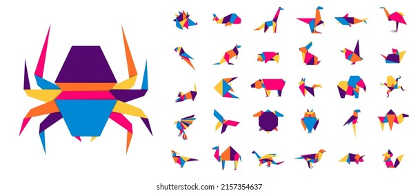 Colorful origami animals. Abstract polygon animals. Folded paper shapes. Vector animal icons set. Origami. A set of origami. Vector illustration