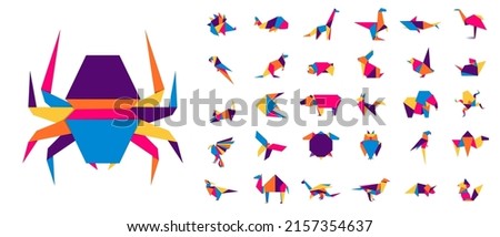 Colorful origami animals. Abstract polygon animals. Folded paper shapes. Vector animal icons set. Origami. A set of origami. Vector illustration