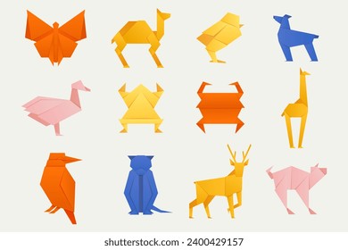 Colorful origami animals. Folded origami animal models, japanese zoo animals folded papercraft model collection in cartoon flat style. Vector collection. Bright flamingo, bird or crab