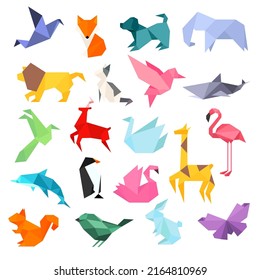 Colorful origami animals set. Hand craft paper japan fauna characters icon collection in polygonal style. Dog, loin, elephant, pigeons, doves, giraffe and bird. Vector illustration