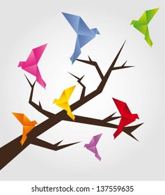 Colorful origami birds on tree