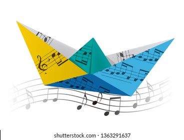 Colorful Origami boat on the wave with musical notes. Colorful Paper boat with musical notes swinging on waves with musical notes. Poetic musical theme. Isolated on white background. Vector available