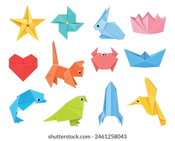 Colorful origami elements. Folded colored paper sheets, polygonal geometric shapes, japanese art and hobby, animals and objects, ship and bird, vector cartoon flat isolated set