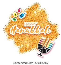 Colorful Origami Happy Hanukkah Greeting card on white background with space for text. Jewish holiday with menorah - traditional Candelabra,candles and dreidels - spinning top. Vector illustration