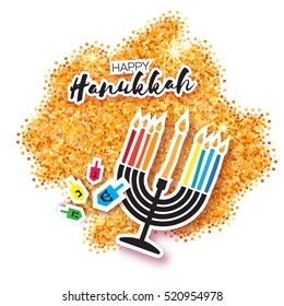 Colorful Origami Happy Hanukkah Greeting card on gold glitter background