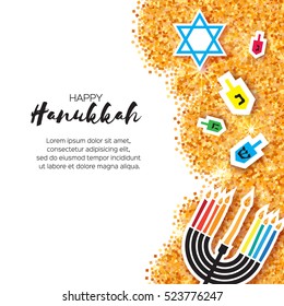 Colorful Origami Happy Hanukkah Greeting card on gold glitter background