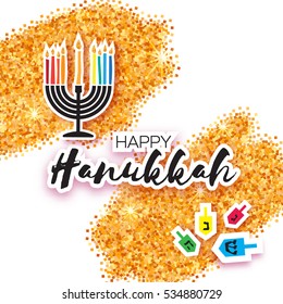 Colorful Origami Happy Hanukkah Greeting card on gold glitter background