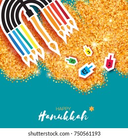 Colorful Origami Happy Hanukkah Greeting card on gold glitter background. Hanuka juish vector illustration. jewish menorah. Hanuka candles symbol.