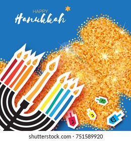 Colorful Origami Happy Hanukkah Greeting card on gold glitter background. Hanuka juish vector illustration. jewish menorah. Hanuka candles symbol. Vector illustration