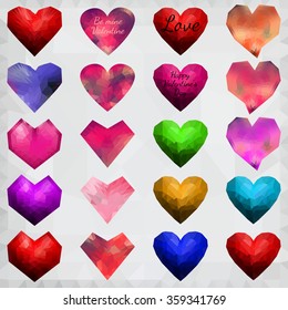 Colorful origami lowpoly hearts big set collection on white polygonal background with border. Vector Illustration. Love symbols. Low-poly style. Many decorations set for Happy Valentines day with sign