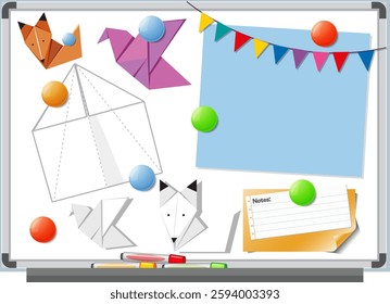 Colorful origami and notes on a whiteboard