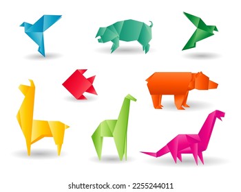 colorful origami paper animals isolated on white