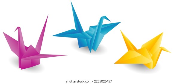 colorful origami paper birds isolated on white