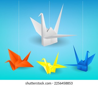 colorful origami paper birds isolated on blue 3D illustration 