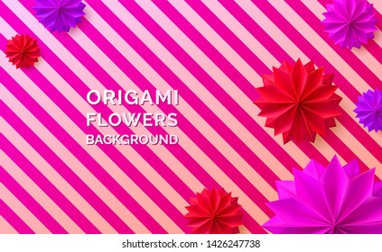 Colorful origami paper modern backdrop. Realistic origami flowers on striped background. Vector illustration for your graphic design.