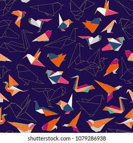 Colorful origami paper swallow birds seamless pattern. Multicolored origami birds, origami silhouettes, forms.