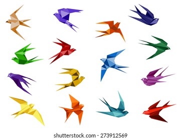 Colorful origami paper swallow birds in flight isolated on white background for logo or emblem design template