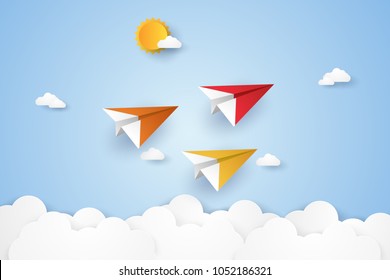 Colorful origami planes flying in the sky , paper art style