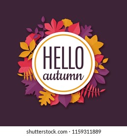Colorful origami seasonal banner with text Hello autumn. Paper art design template. Vector greeting banner.