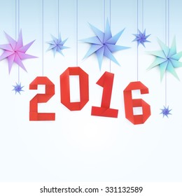 colorful origami snowflakes and numbers 2016 for winter background, card with the new year, vector illustration