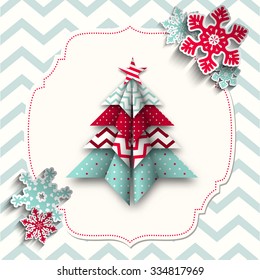 colorful origami tree with abstract snowflakes on beige background with chevron pattern, abstract christmas theme, vector illustration, eps 10 with transparency and gradient meshes