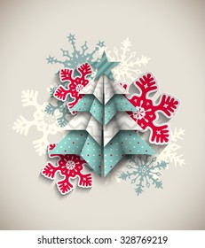 colorful origami tree with snowflakes on beige background, abstract christmas theme, vector illustration, eps 10 with transparency and gradient meshes