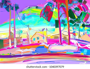 colorful original digital painting of rural winter landscape, perfect to interior design, vector illustration 
