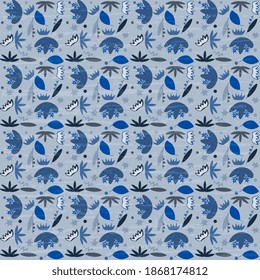 Colorful ornament of blue shades of natural elements on a bluish background, textured. Seamless vector illustration for wrap, surface, packaging, postcard.