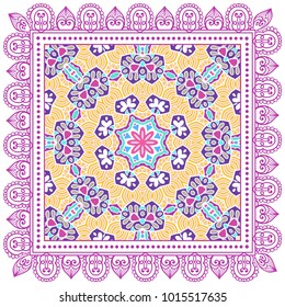 Colorful ornament with frame on a white background, stylized geometric floral pattern. Decorative graphic art mandala element. Bandanna shawl, tablecloth fabric print, silk neck scarf, kerchief design
