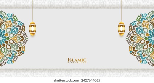 colorful ornament luxury white colorful mandala eid mubarak ramadan or ramadhan islamic background banner frame.Translation: "Muslim fasting month and celebration day after fasting"