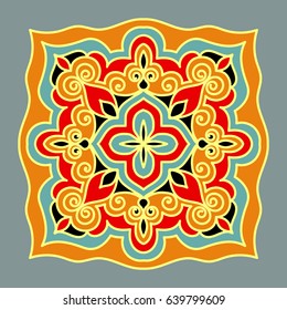 Colorful ornament on a gray background in ethnic, Arabic, Indian, Eastern, Asian, Muslim, European style. A template for the design.