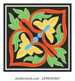 A colorful ornament tile with a flower design in the middle.