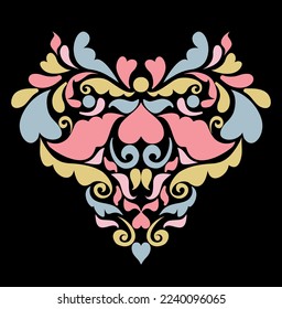 Imagen vectorial de ornamento colorido, ilustración de damasco colorido sobre fondo negro.