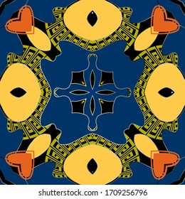 Colorful ornamental abstract seamless pattern. Vector modern background. Greek style repeat backdrop. Geometric ornament. Greek key meander. Love hearts, shapes, lines. Trendy ornate symmetric design.